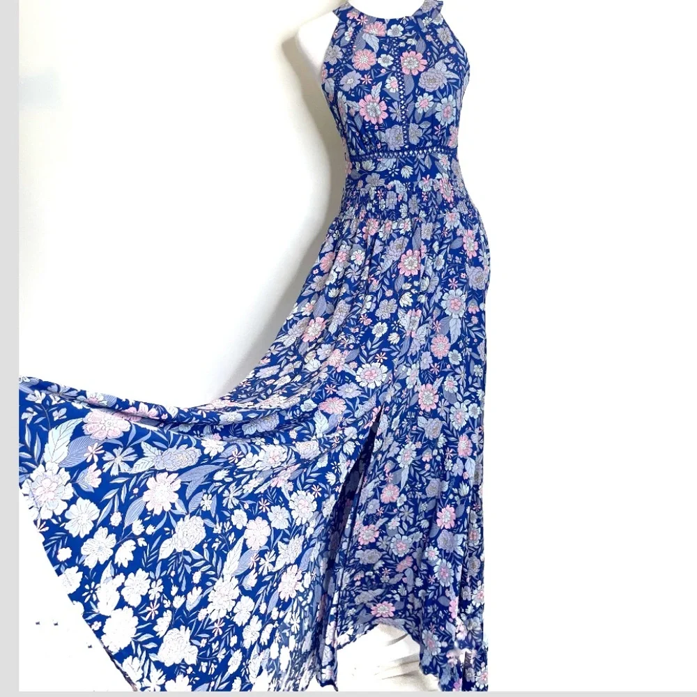 NWT Abel the Label Anthropologie Blue Bell Cottage Floral Maxi Halter Dress - Picture 4 of 13